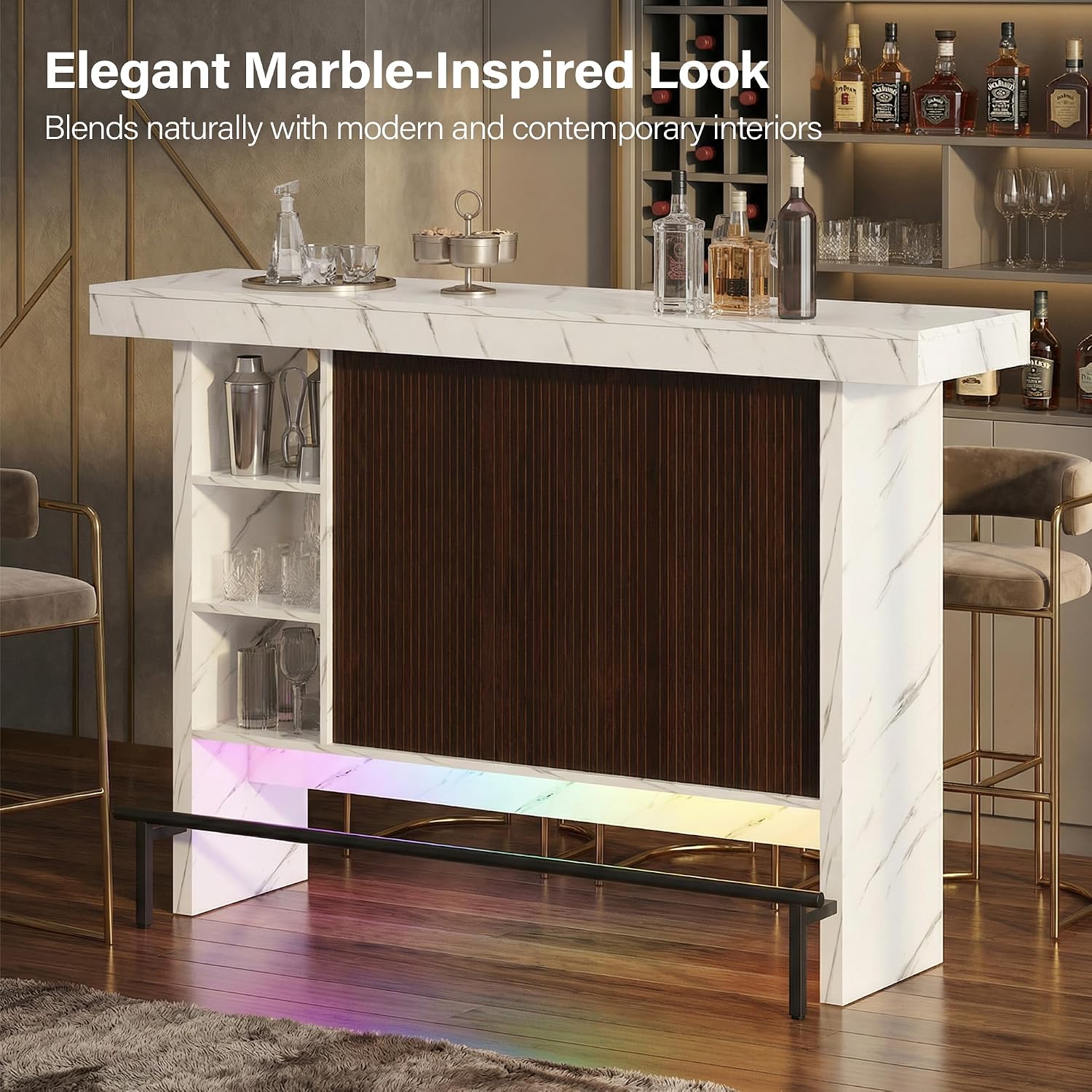 62" LED Marble Bar Table with Storage Cabinet
