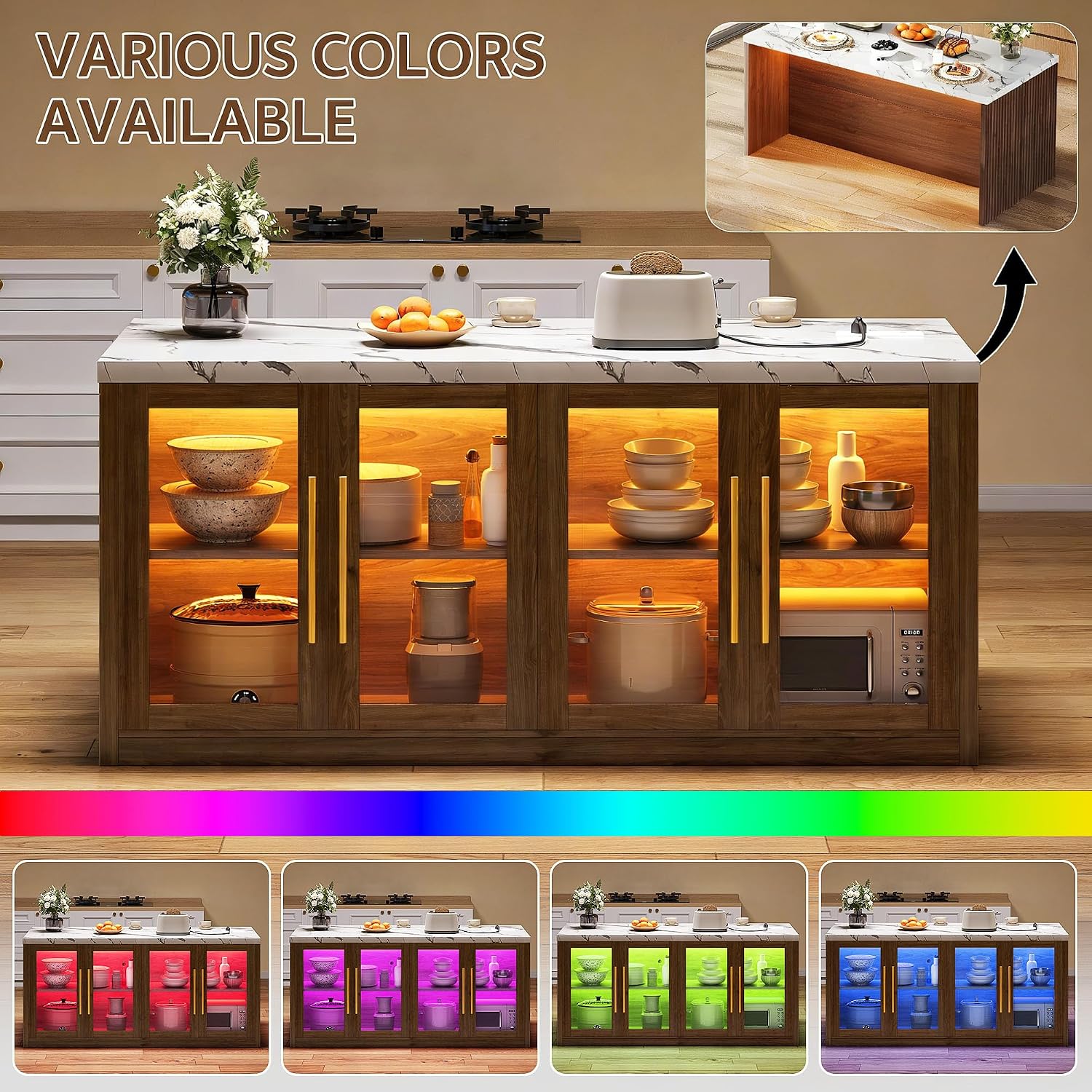 Walnut LED Marble Rolling Kitchen Island