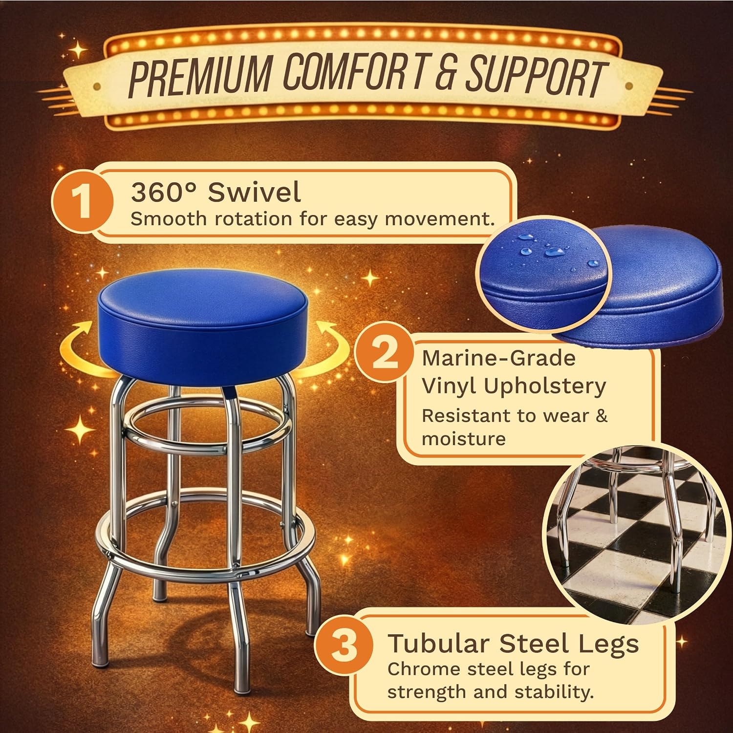 Blue Padded Swivel Bar Stool