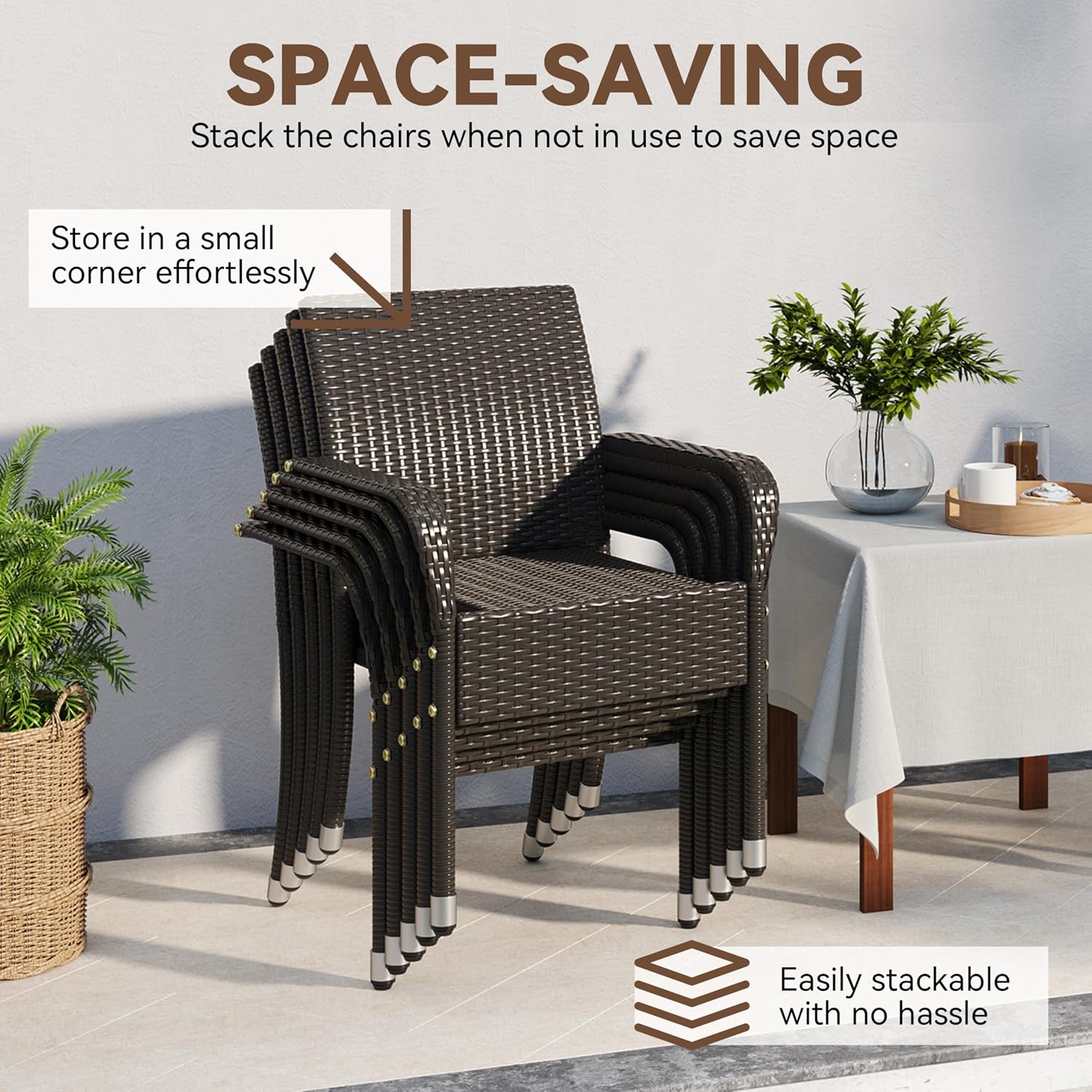 Brown Stackable Rattan Patio Armchairs Set of 2