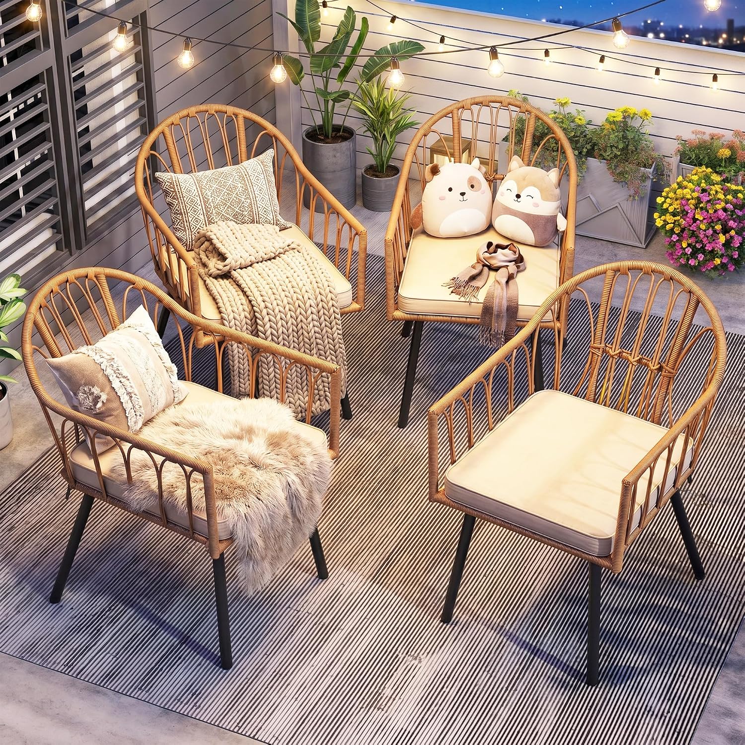Beige All-Weather Rattan Dining Chairs Set of 4