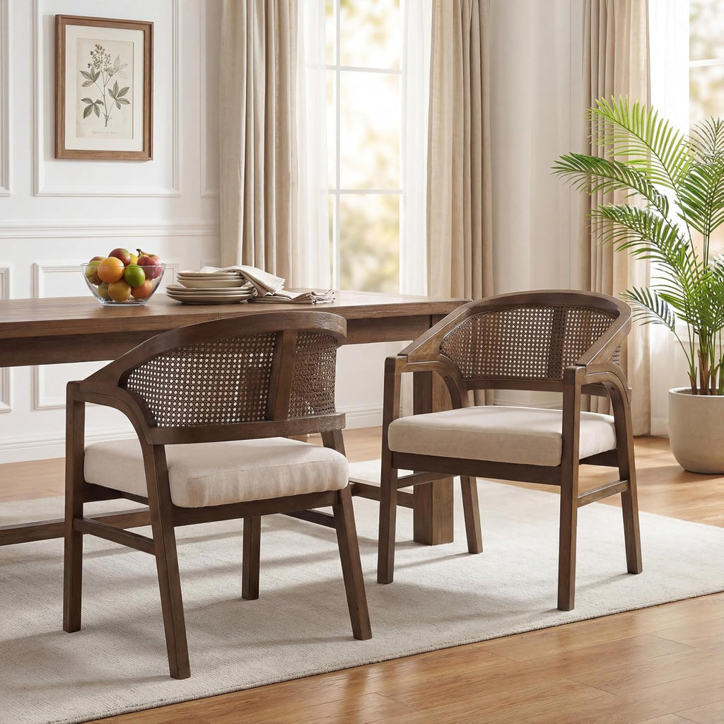 Walnut Beige Rattan Faritel Dining Chairs Set of 2