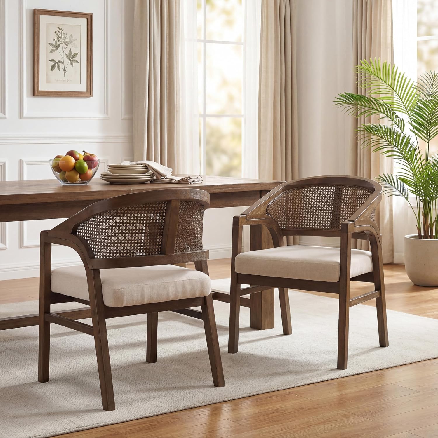 Walnut Beige Rattan Faritel Dining Chairs Set of 2